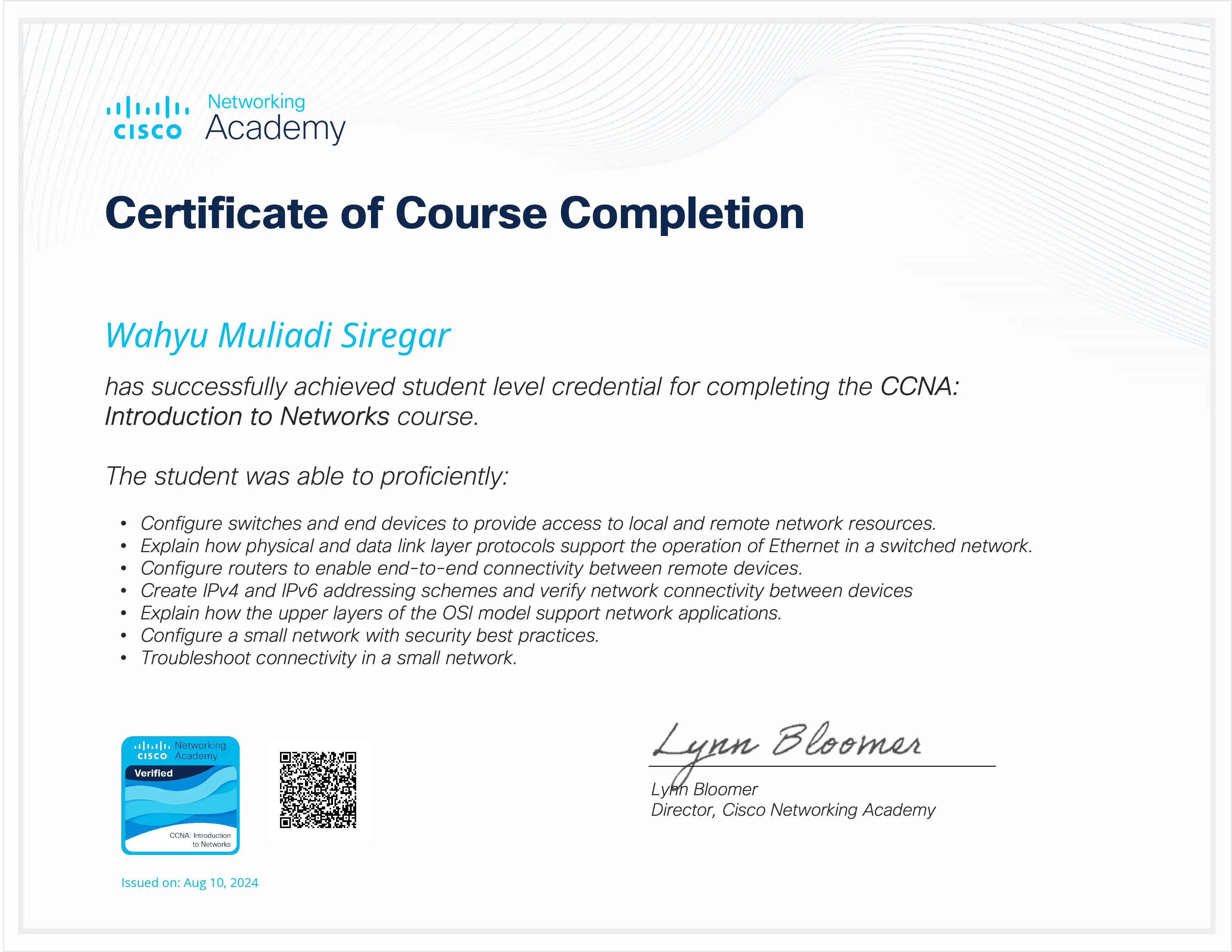 Cisco Introduction to Networks certificate